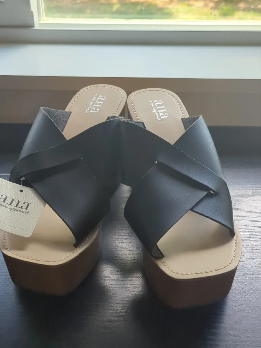 a.n.a Black Crisscross Platform Slide Sandals with Tan Footbed